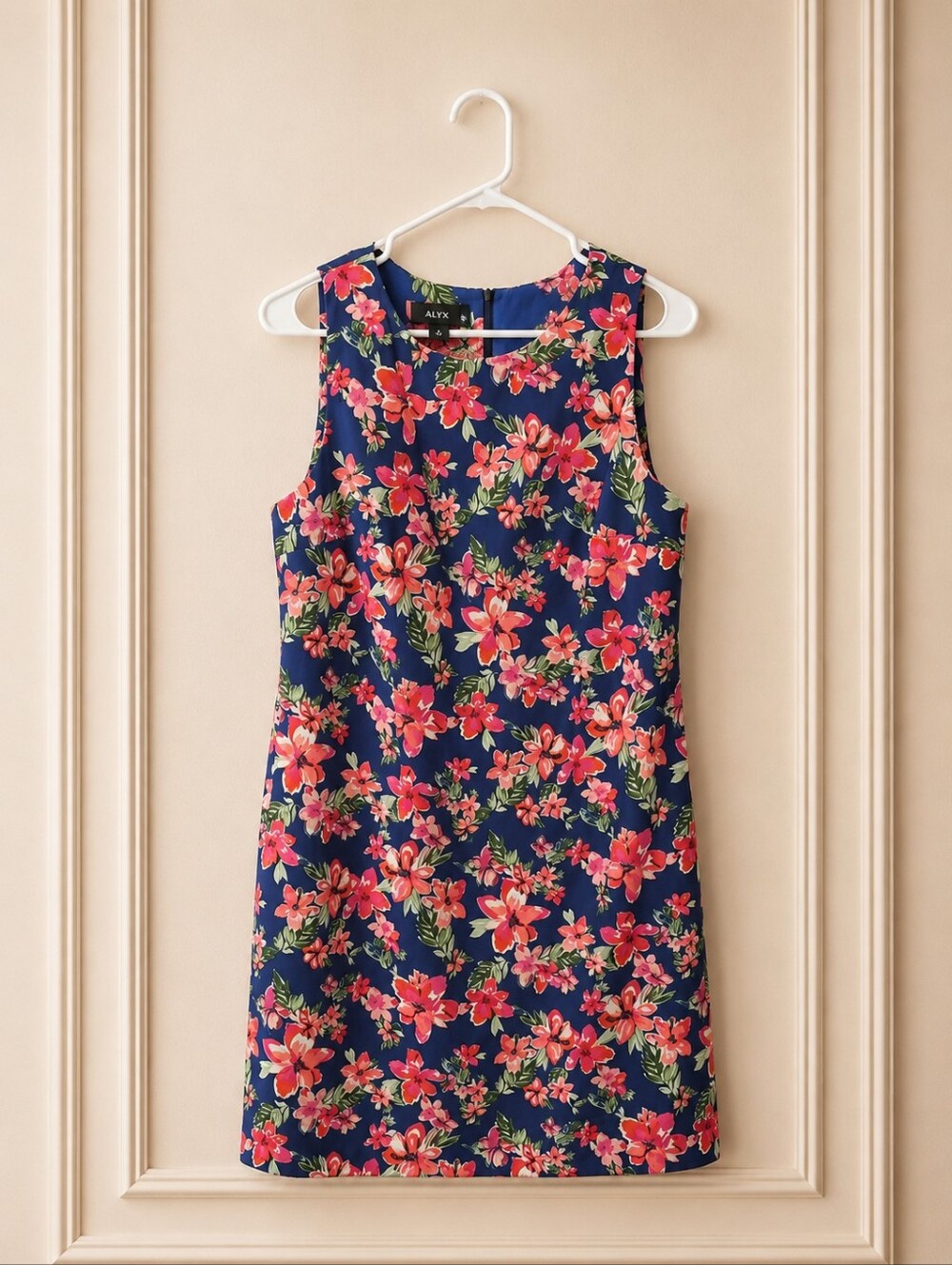NWOT ALYX Size 12 Navy Floral Shift Dress with Pink & Coral Blooms